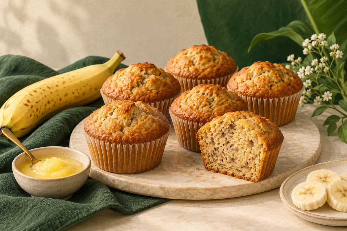 AI-generated illustration: six golden banana muffins in paper liners, one cut muffin, banana beside in forest green and ivory