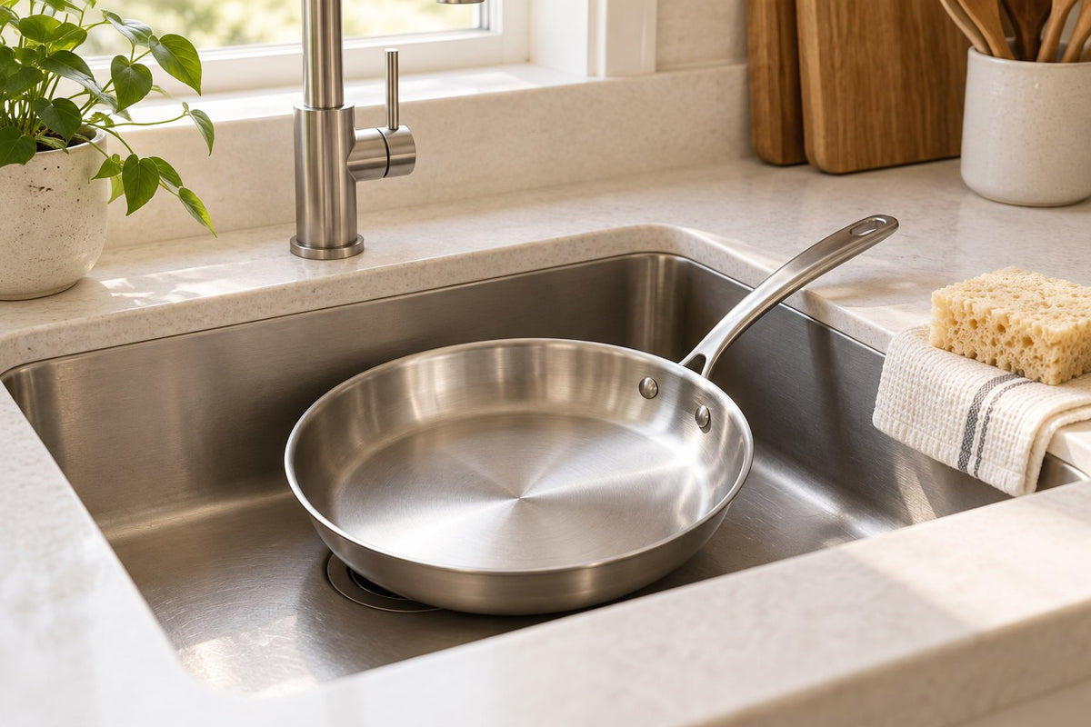 Editorial illustration of a cool stainless-steel frying pan in a dry sink with a soft sponge