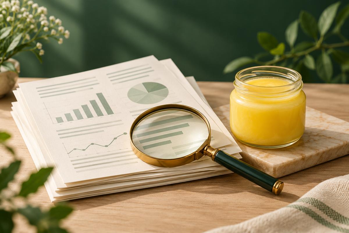 AI-generated illustration of research papers and a magnifying glass beside an unbranded ghee jar.