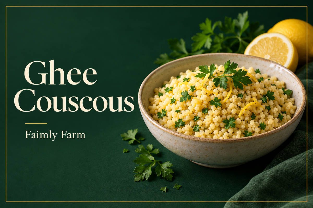 AI-generated editorial illustration of fine instant couscous with parsley and lemon, with Ghee Couscous and Faimly Farm text on forest green.