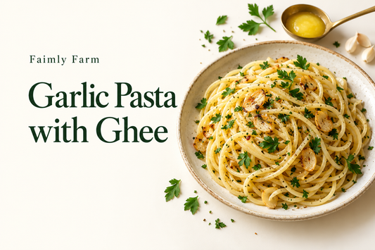 AI-generated illustration of spaghetti lightly coated with ghee, sliced golden garlic and parsley with forest-green Faimly Farm lettering on an ivory background.