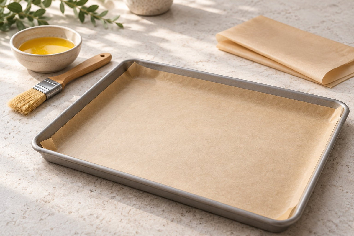 Editorial illustration of a parchment-lined baking tray on a counter beside a bowl of ghee and a pastry brush.