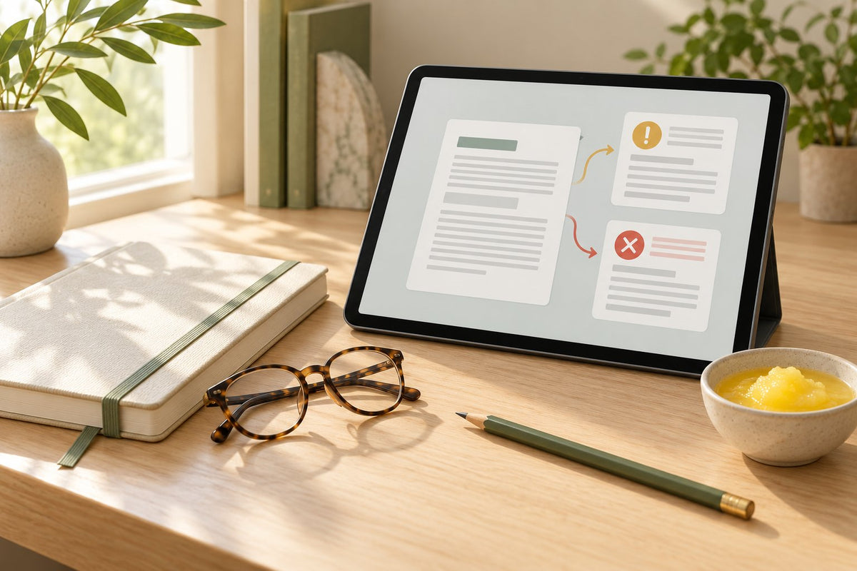 Editorial illustration of research documents on a tablet beside a notebook and a bowl of ghee.
