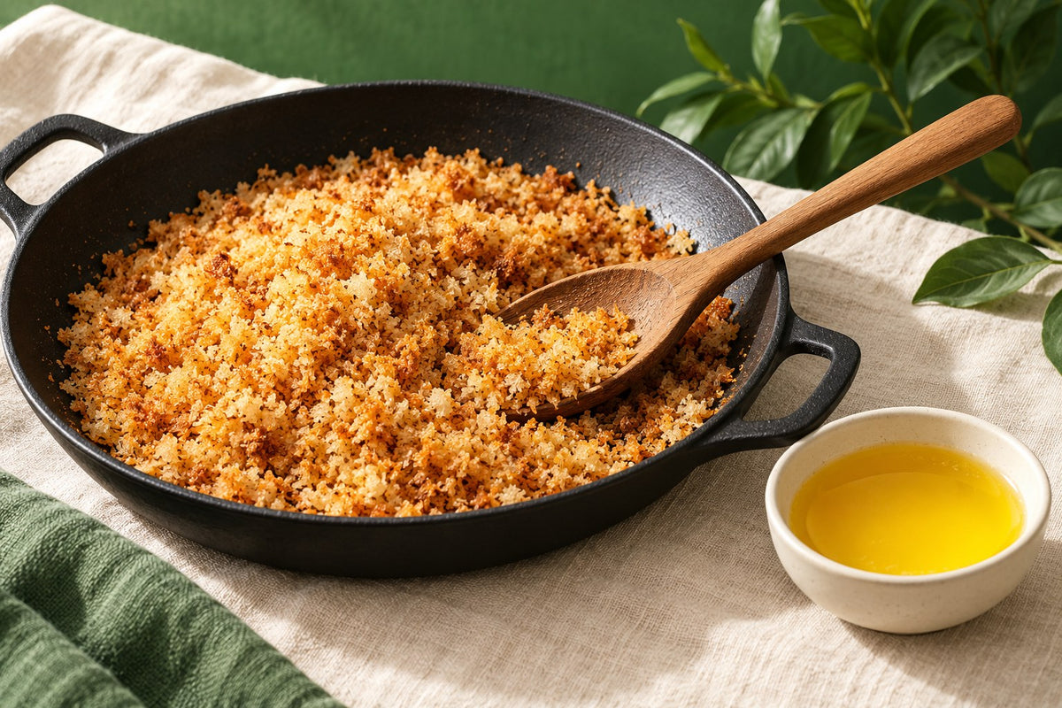 AI-generated illustration of golden toasted breadcrumbs in a black pan with a wooden spoon and a small bowl of ghee.