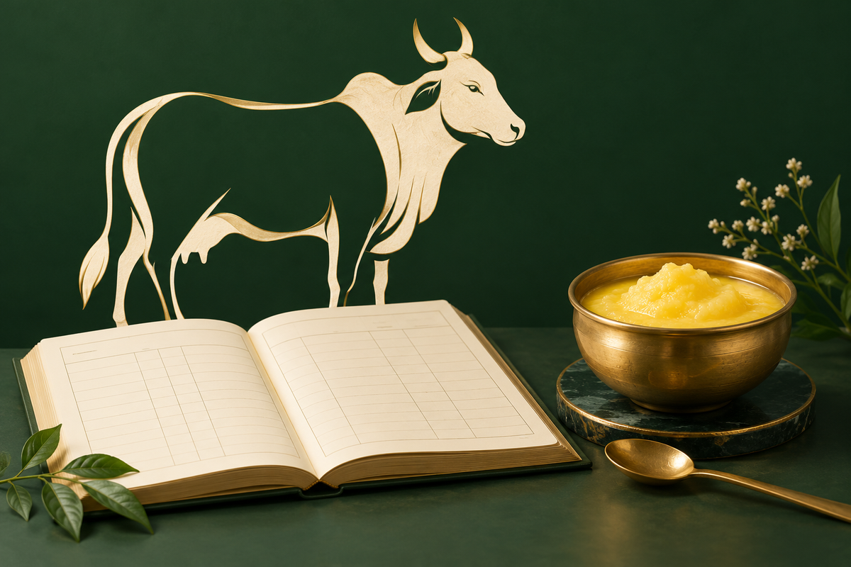 AI-generated editorial illustration: an abstract Indian cattle silhouette beside an ivory reference register and unbranded ghee bowl.