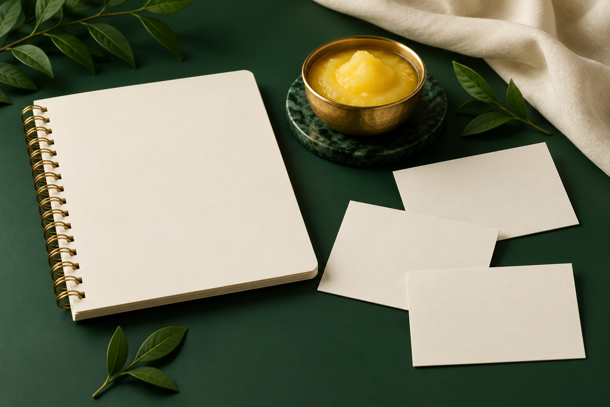 AI-generated editorial illustration: blank research notebook and cards beside a bowl of ghee.