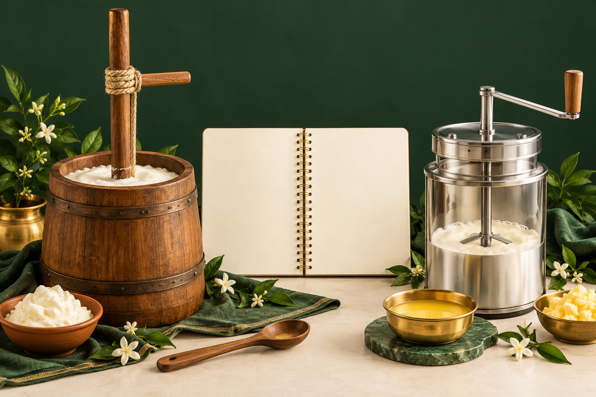 AI-generated editorial illustration: a traditional wooden churn and a simple stainless butter churn, presented equally beside an ivory process notebook.