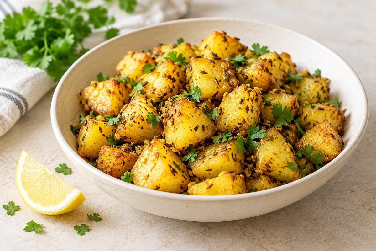 AI-generated editorial illustration of cumin potato cubes with coriander and lemon.