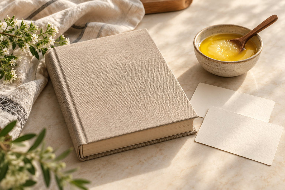 Contemporary editorial illustration of a plain clothbound book, blank reading cards and a bowl of ghee