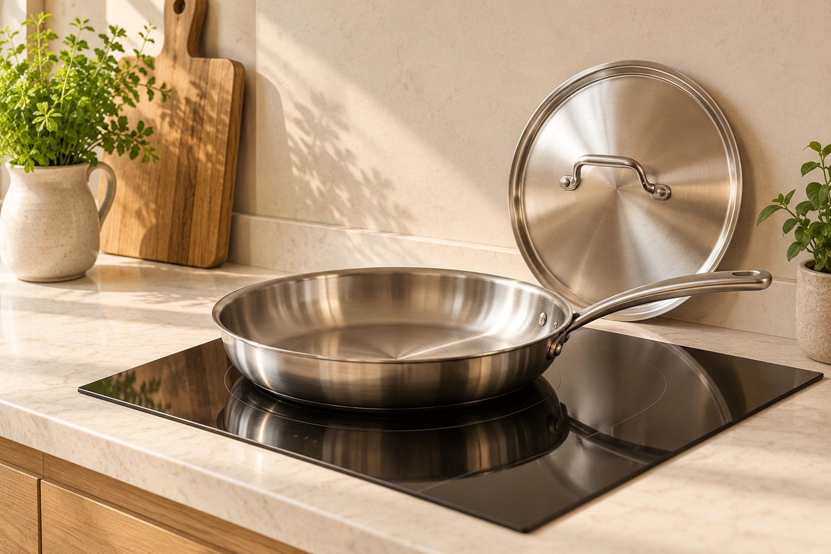 Editorial illustration of an empty pan and metal lid beside an unlit induction hob