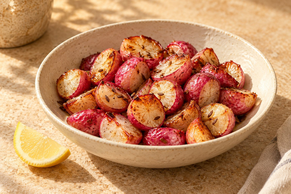 Editorial illustration of roasted red radish halves with cumin and a lemon wedge