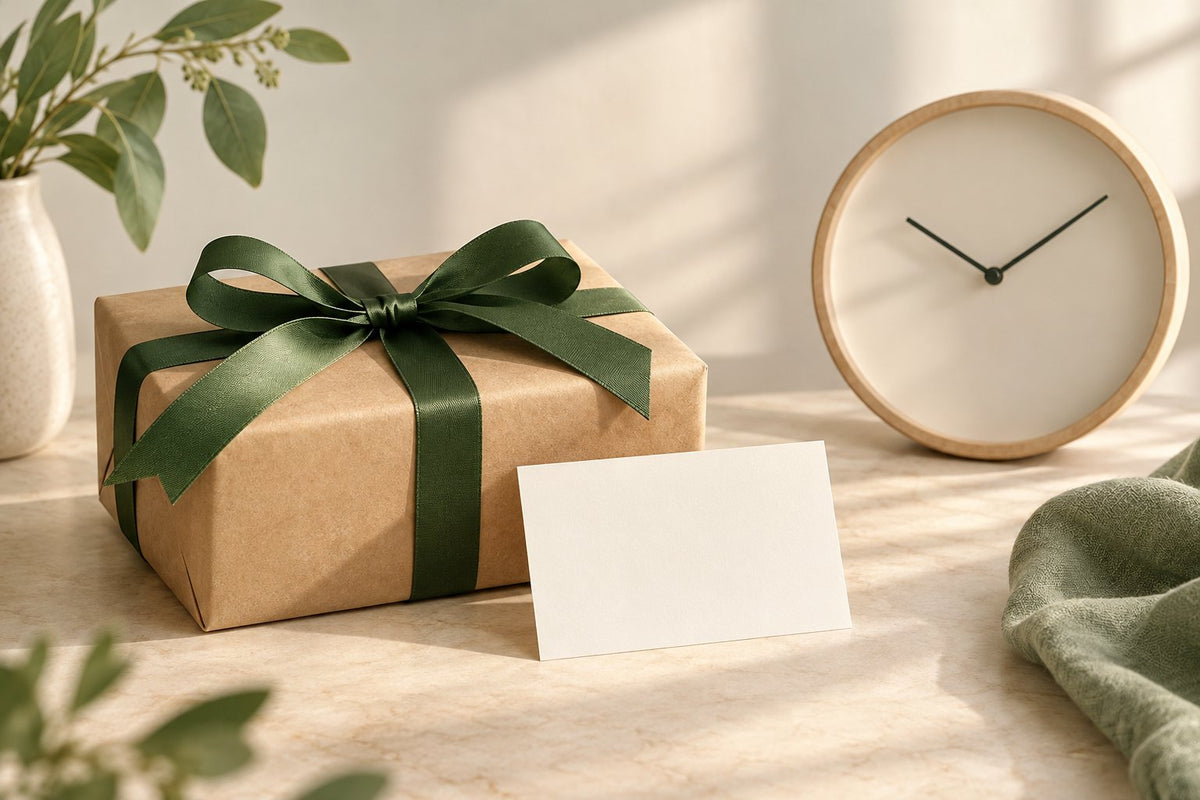 Conceptual editorial illustration of a kraft gift parcel, blank card and simple clock