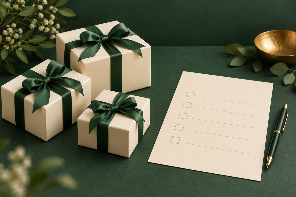 AI-generated illustration: three neatly closed ivory gift boxes with green ribbons beside blank checklist and pen in forest green and ivory