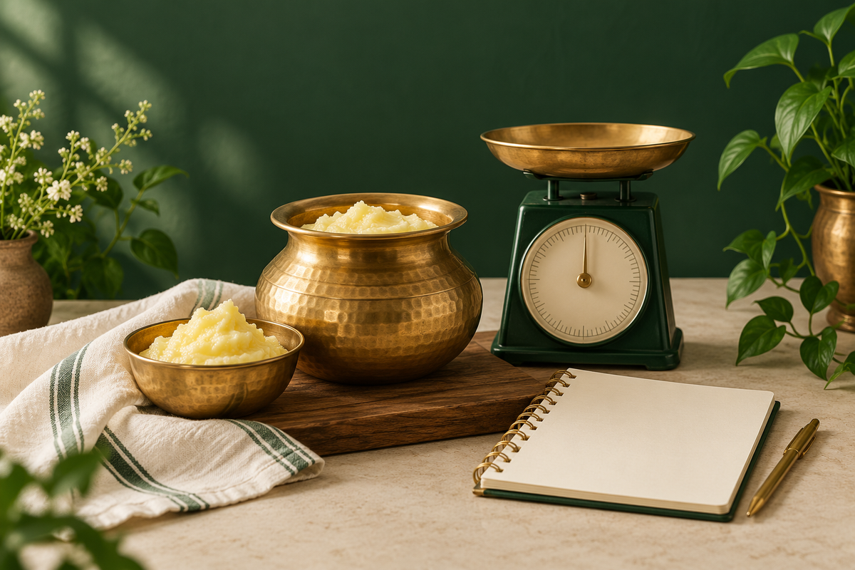 AI-generated illustration: small brass pot and butter bowl beside kitchen scale and blank notebook in forest green and ivory