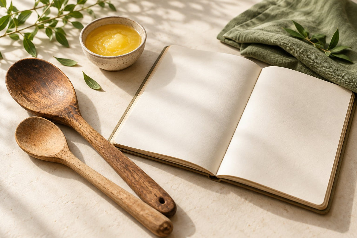 Contemporary editorial illustration of two wooden cooking spoons, a blank notebook and a bowl of ghee