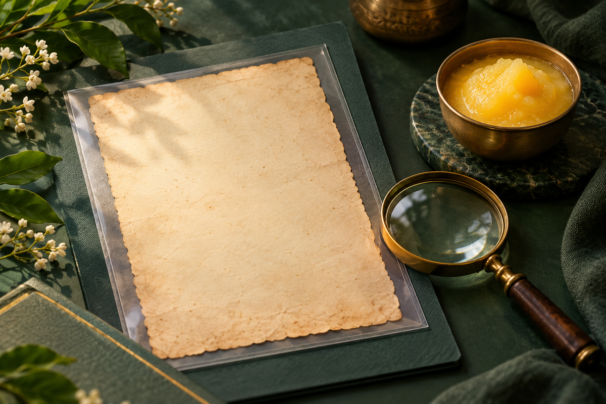 AI-generated illustration: aged blank advertising paper in archival sleeve beside magnifying glass and ghee bowl in forest green and ivory