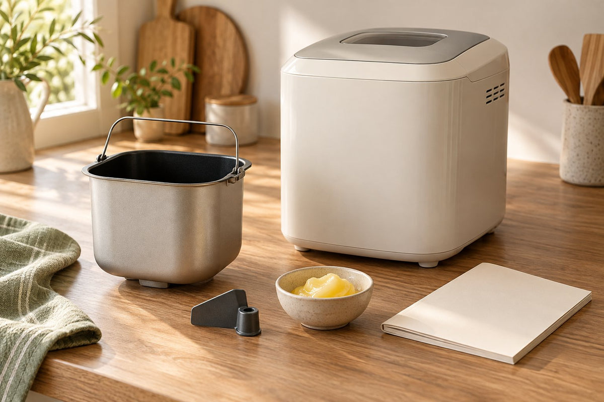 Conceptual editorial illustration of an unbranded bread maker, removable pan, blank manual and bowl of ghee