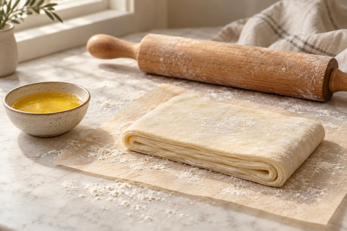 Conceptual editorial illustration of folded raw pastry, a rolling pin and a separate bowl of ghee
