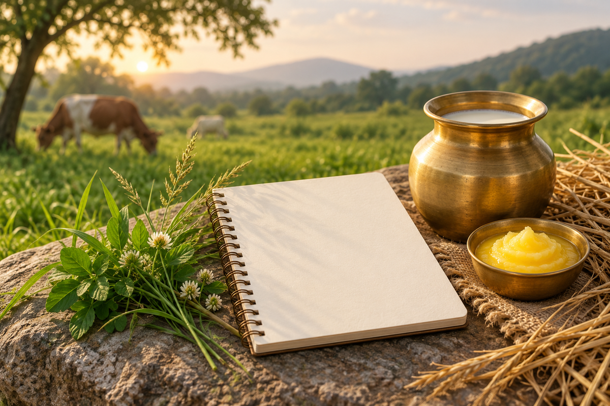 AI-generated illustration: green pasture sprig and dried straw beside blank dated field notebook and milk vessel in forest green and ivory