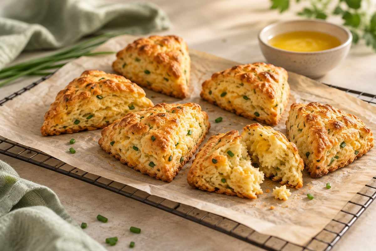 Editorial illustration of six triangular cheese and chive scones on parchment over a cooling rack