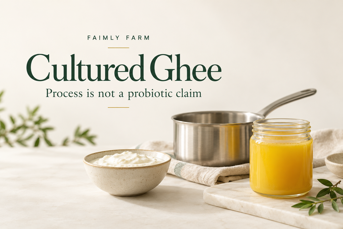 AI-generated editorial illustration of curd, a saucepan and an unbranded ghee jar, distinguishing a cultured process from a probiotic claim.