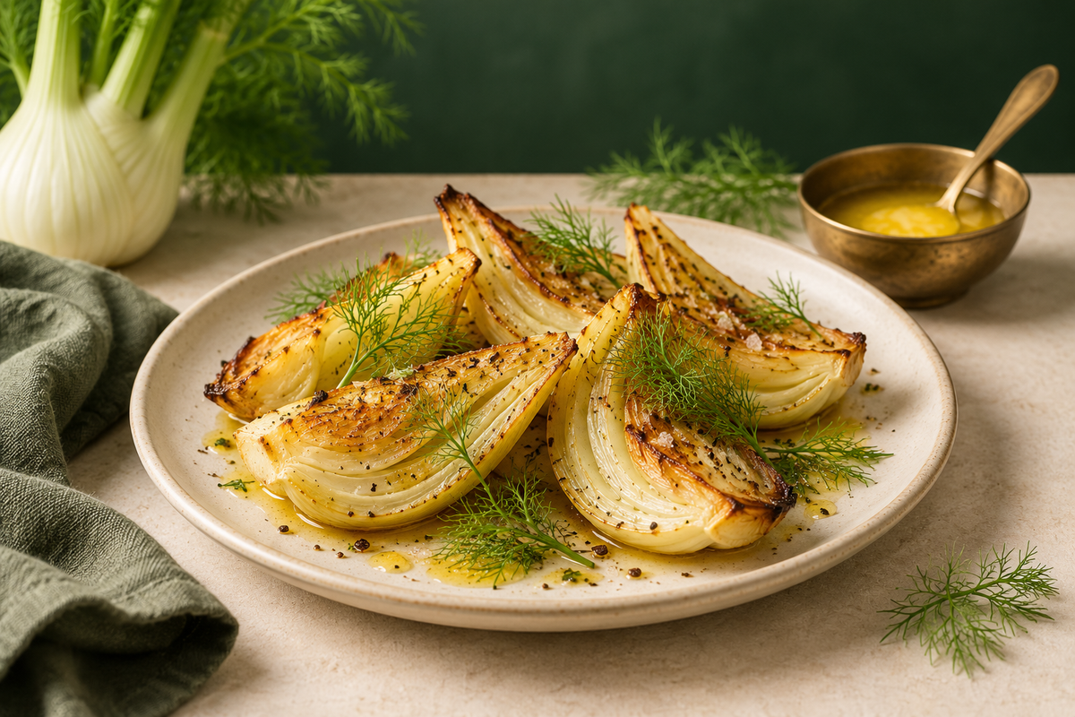 AI-generated illustration of roasted fennel bulb wedges on an ivory plate beside fennel fronds and ghee.