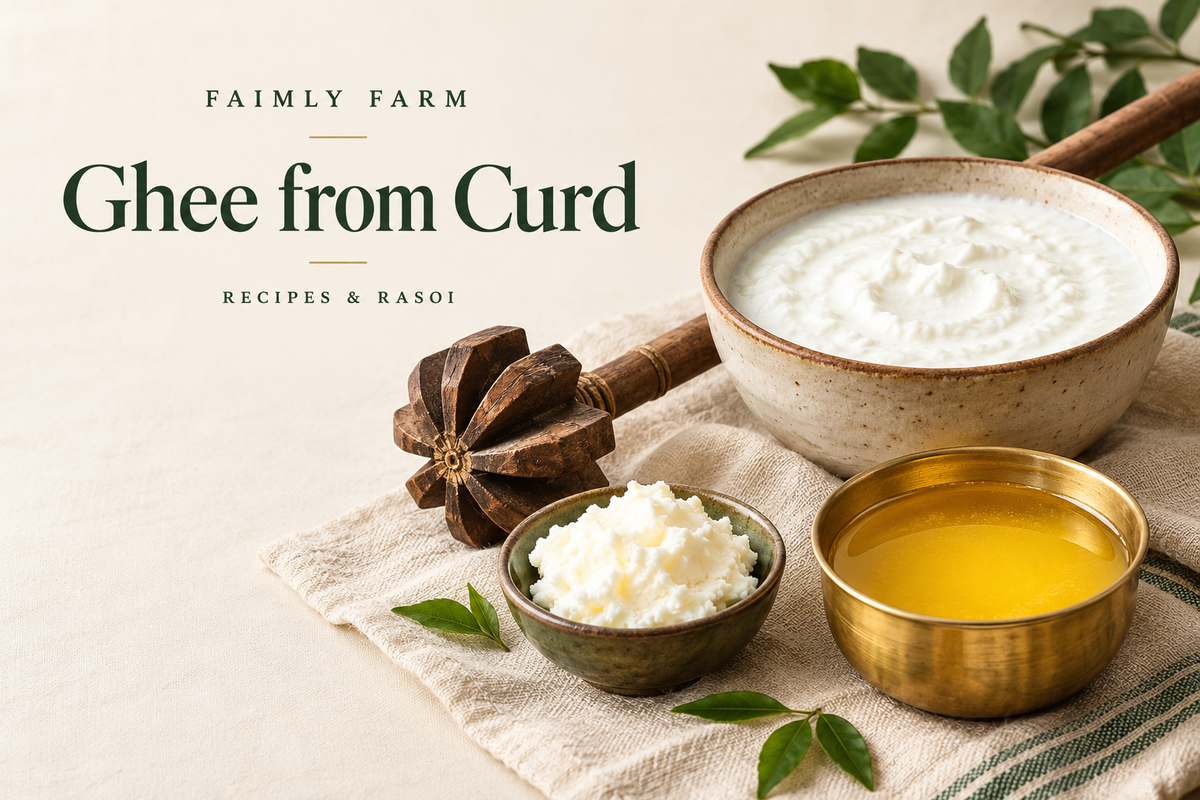 Curd, wooden churner, white butter and golden ghee for the bilona method