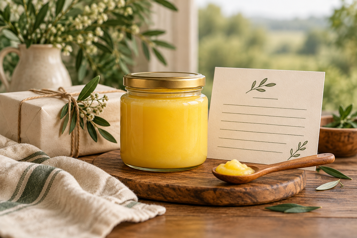 AI-generated illustration of a sealed unbranded ghee jar with a recipe card and simple gift wrapping.