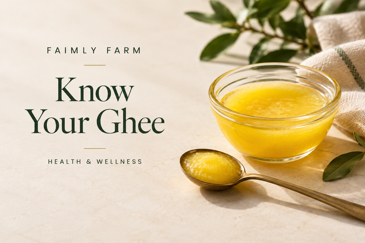 A teaspoon and glass bowl of golden ghee for a guide to reading ghee nutrition labels