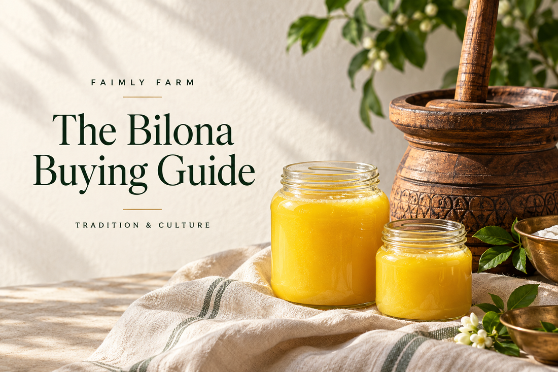 Two sizes of ghee jars beside a traditional churner for a bilona ghee buying guide