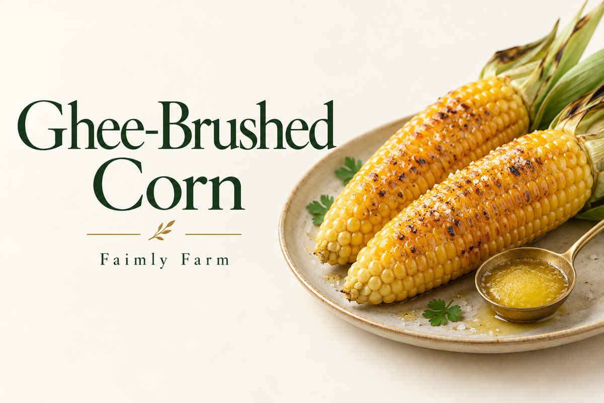 AI-generated editorial illustration of two golden cooked corn cobs with a brass spoon of ghee, with the title Ghee-Brushed Corn and Faimly Farm branding.