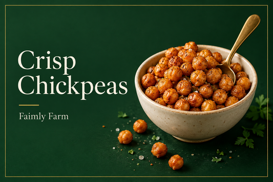 AI-generated editorial illustration: golden oven roasted chickpeas in a small ivory bowl with a brass spoon; Crisp Chickpeas headline and Faimly Farm branding on a forest-green background.