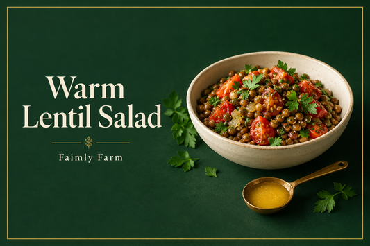 AI-generated editorial illustration: an ivory bowl of whole brown lentils with small tomato pieces and parsley beside a small brass ghee spoon; Warm Lentil Salad headline and Faimly Farm branding on a forest-green background.