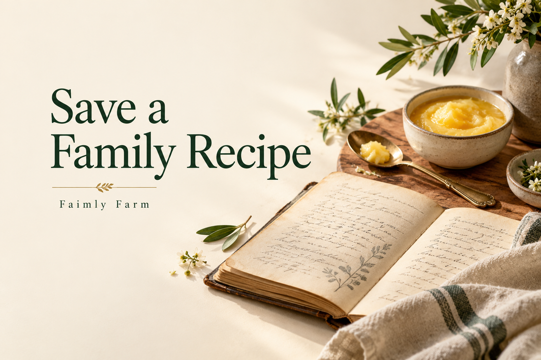 AI-generated illustration: handwritten recipe notebook with illegible decorative writing, a brass spoon and a small bowl of ghee, warm heirloom kitchen feel. Faimly Farm editorial banner.