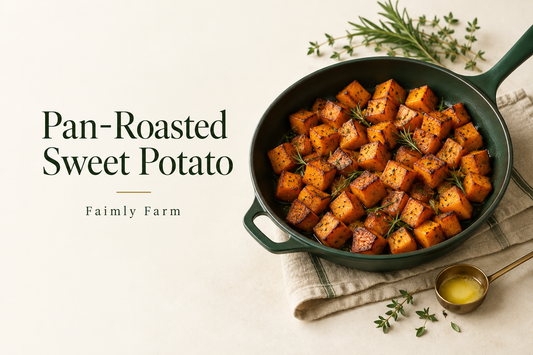 AI-generated illustration: well browned sweet potato cubes in a dark green shallow skillet, small brass ghee spoon. Faimly Farm editorial banner.