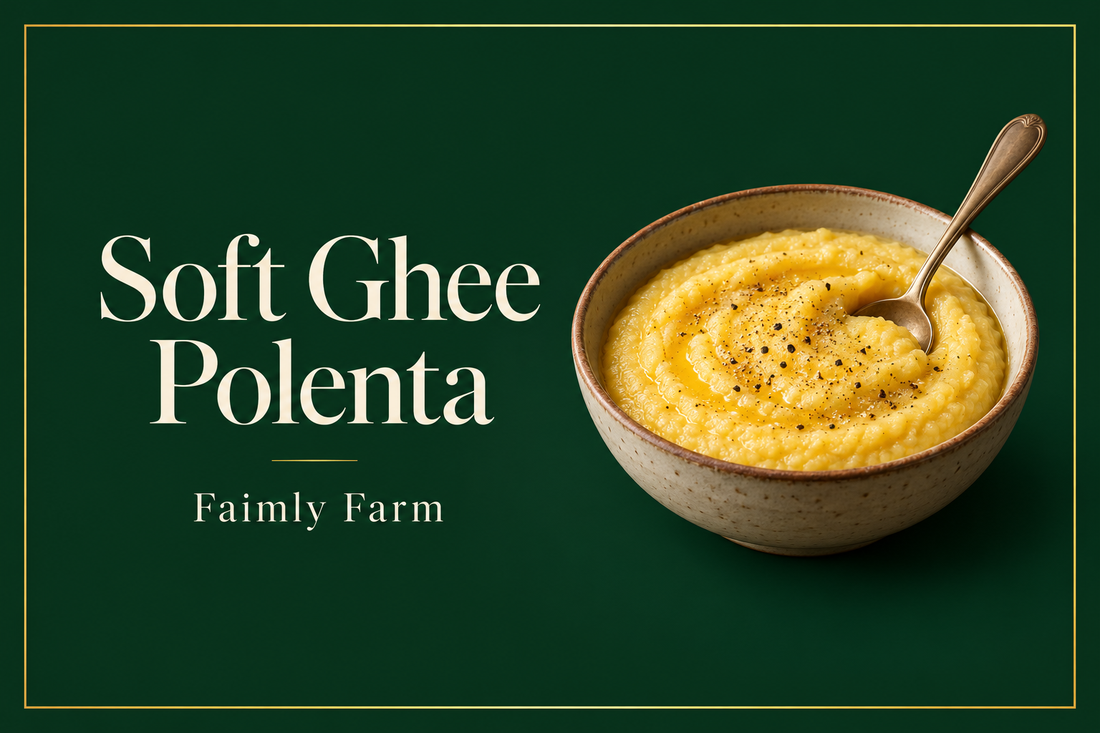 AI-generated editorial illustration for Soft Polenta with Ghee: Match the Water to the Cornmeal in forest-green and ivory.
