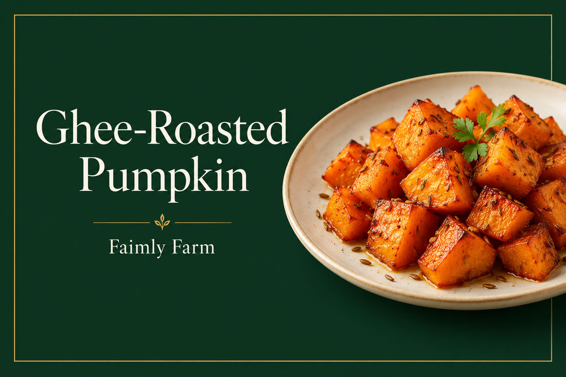 AI-generated editorial illustration for Ghee-Roasted Pumpkin: Even Cubes and Tender Centres in forest-green and ivory.