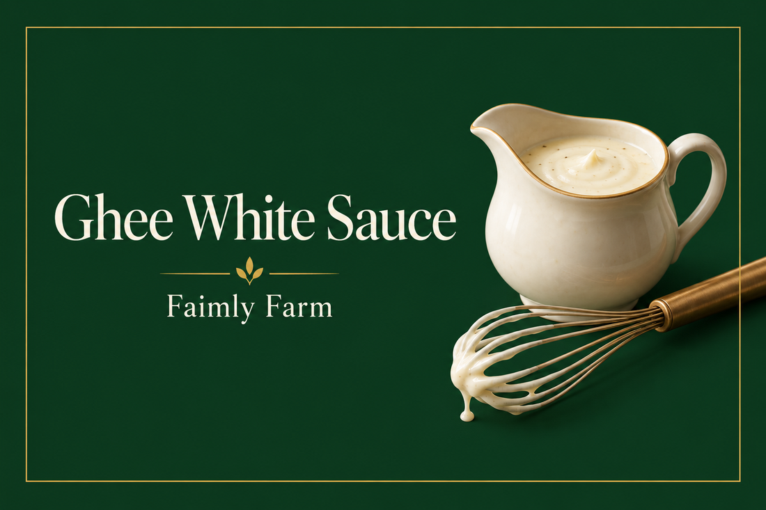 AI-generated editorial illustration for White Sauce with Ghee: A Small Roux without Lumps in forest-green and ivory.