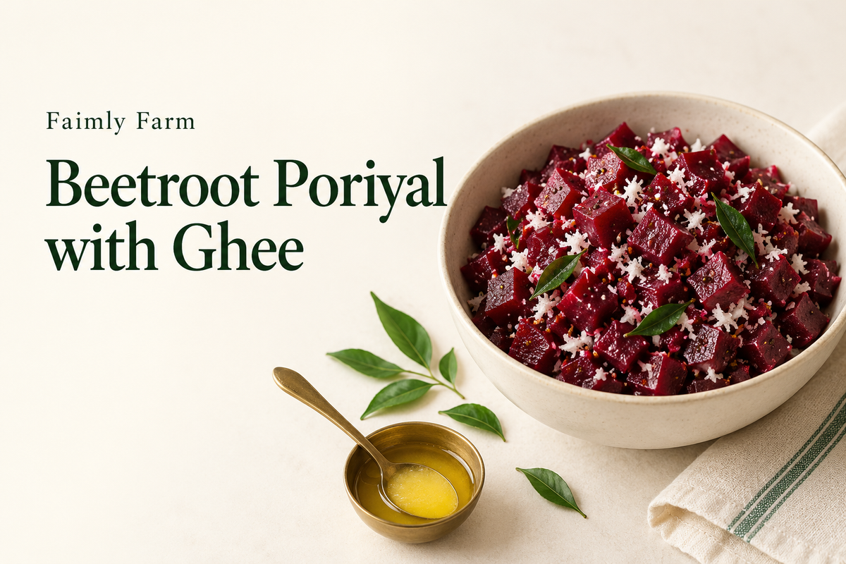 AI-generated illustration of small cooked ruby beetroot cubes with coconut and curry leaves in ivory bowl with forest-green Faimly Farm lettering on an ivory background.