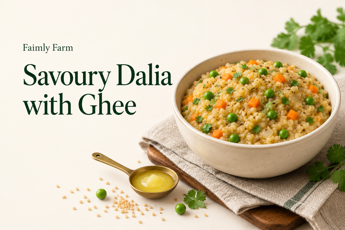AI-generated illustration of soft cooked broken wheat with carrot and peas in ivory bowl with forest-green Faimly Farm lettering on an ivory background.