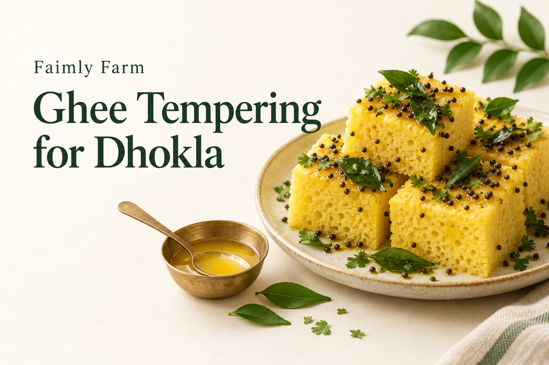 AI-generated illustration of yellow steamed dhokla cubes topped with mustard seeds and curry leaves with forest-green Faimly Farm lettering on an ivory background.