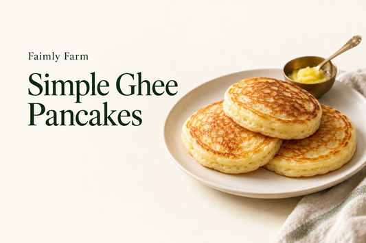 AI-generated illustration of three small fluffy plain pancakes on ivory plate, no syrup flood with forest-green Faimly Farm lettering on an ivory background.