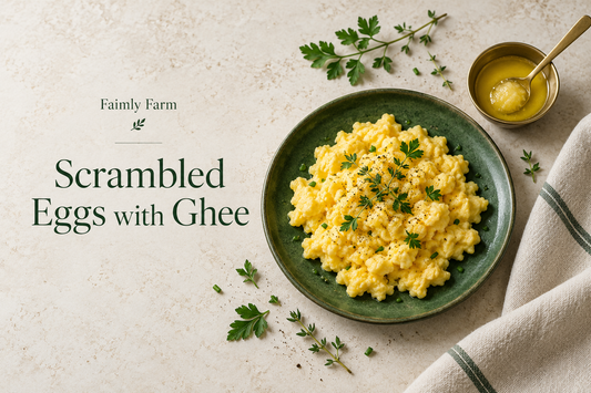 AI-generated editorial illustration of fully set scrambled eggs on a green plate beside a spoon of ghee.