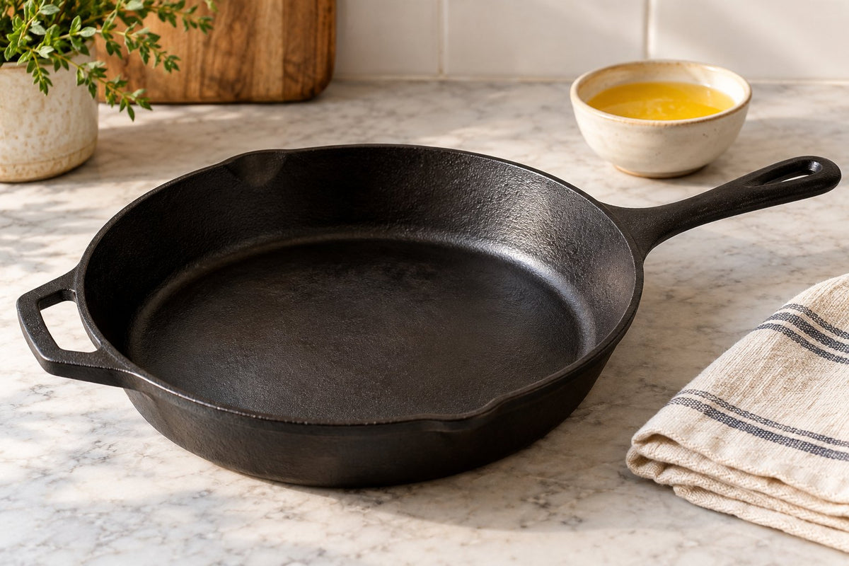 AI-generated illustration of a dry black cast-iron skillet beside a folded cloth, with a bowl of ghee in the background.