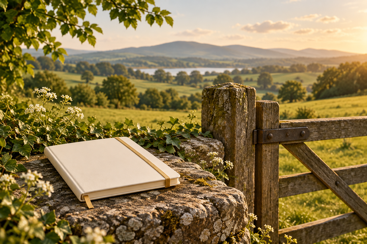 AI-generated editorial illustration: a closed ivory field notebook beside a simple farm gate and a distant pastoral landscape, no identifiable property or people.