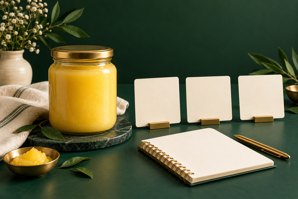 AI-generated editorial illustration: an unlabelled ghee jar beside three blank ivory role cards and a notebook.