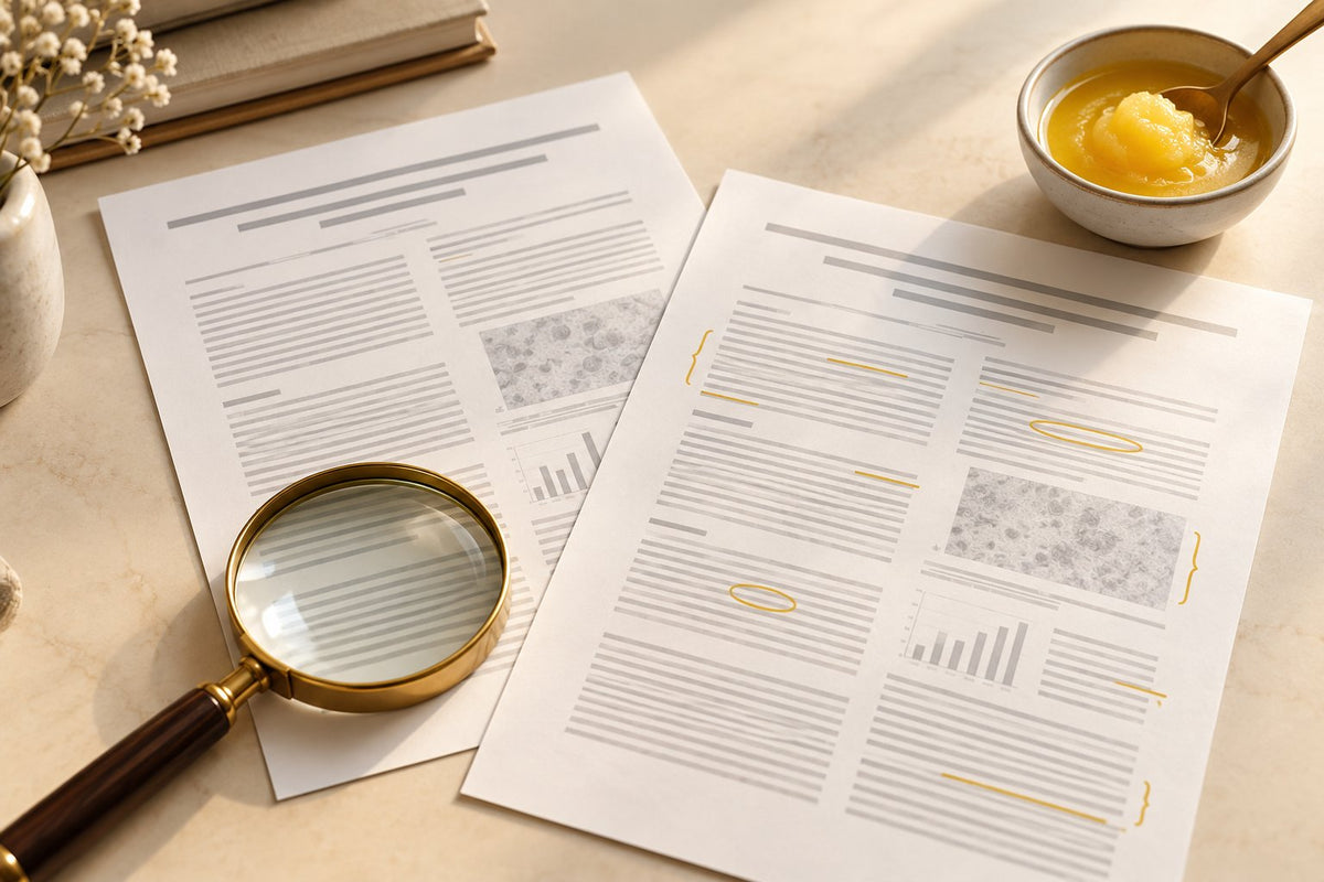 Conceptual illustration of two research manuscripts, a magnifying glass and a bowl of ghee.