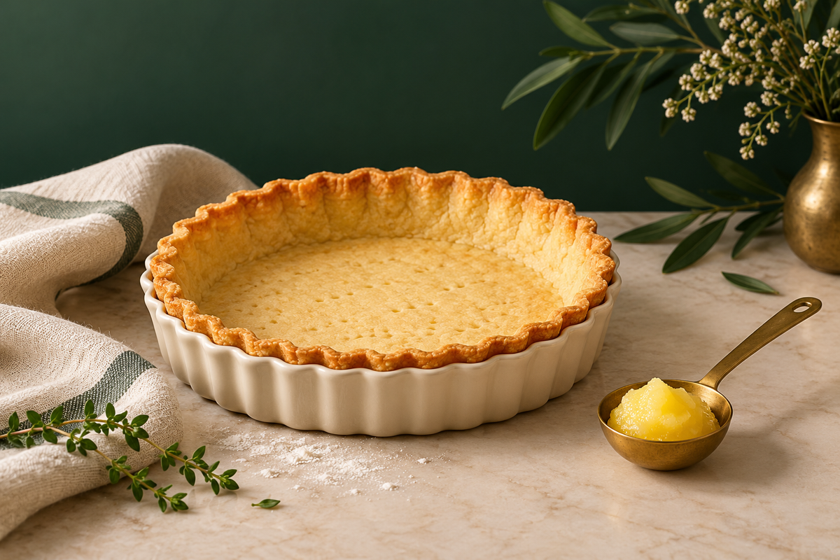 AI-generated editorial illustration: an ivory tart tin with an empty golden pastry shell beside a brass ghee spoon.