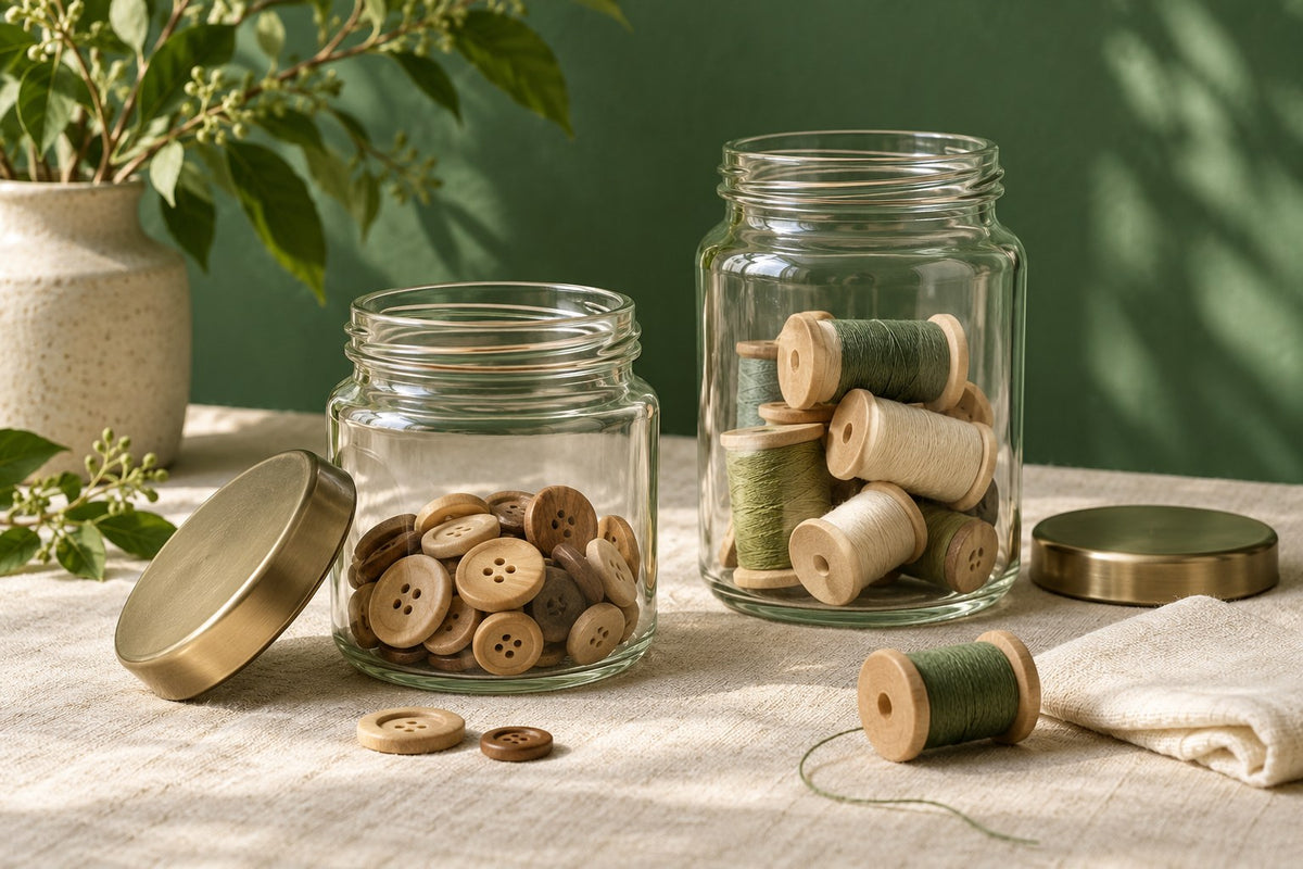 AI-generated illustration of clean glass jars holding wooden buttons and thread bobbins, with plain lids and ivory linen.