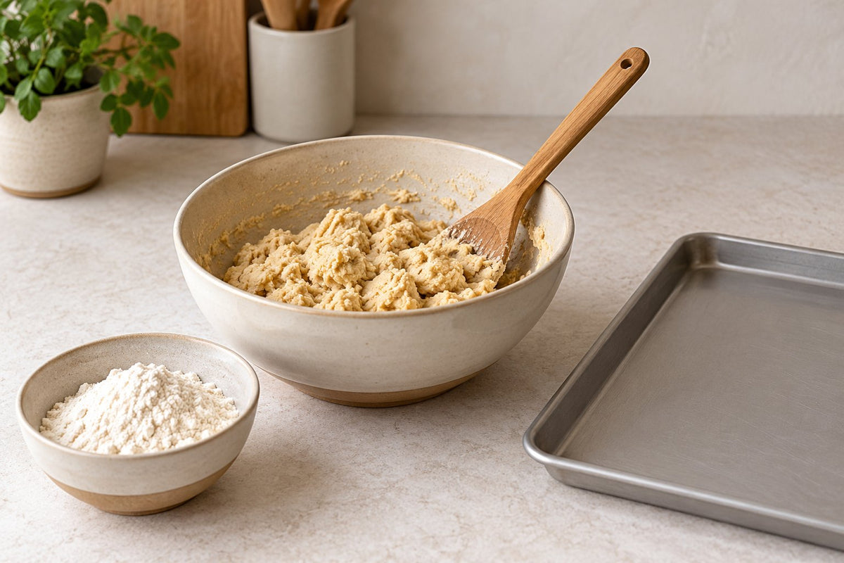 Illustration of raw dough, a flour bowl and an empty baking tray.